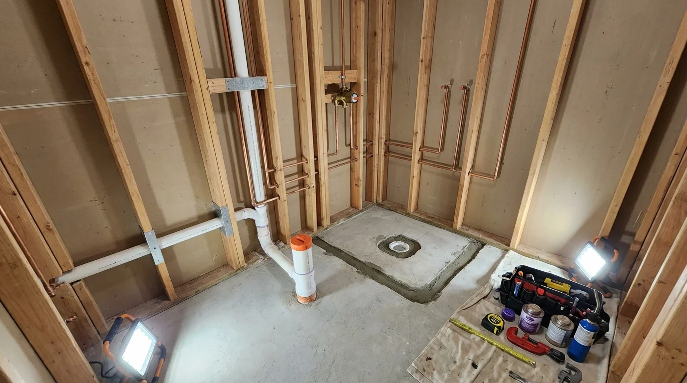Bathroom rough-in plumbing during remodel by Johns Plumbing LLC in Oakridge