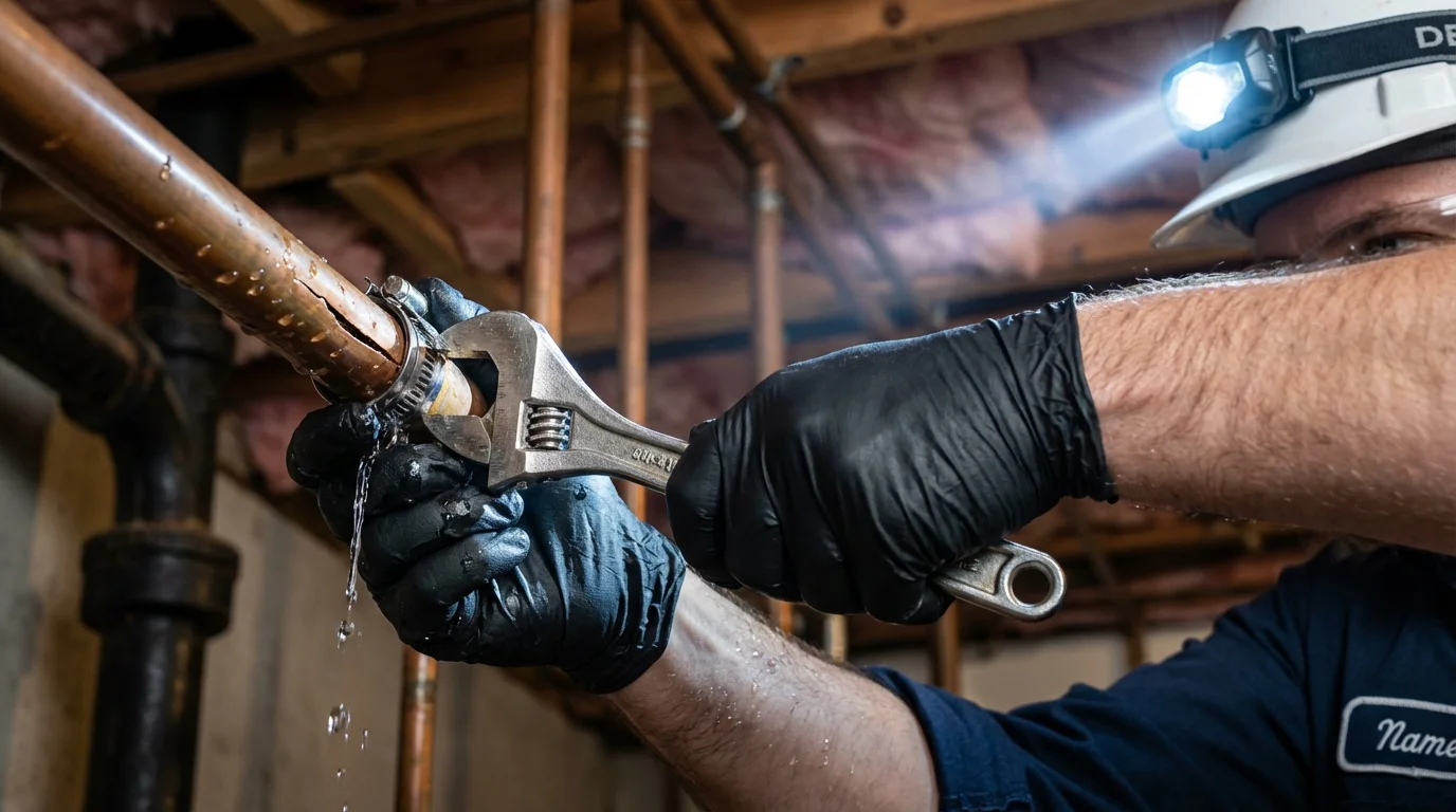Emergency pipe clamp repair being performed by a Johns Plumbing LLC plumber in Oakridge
