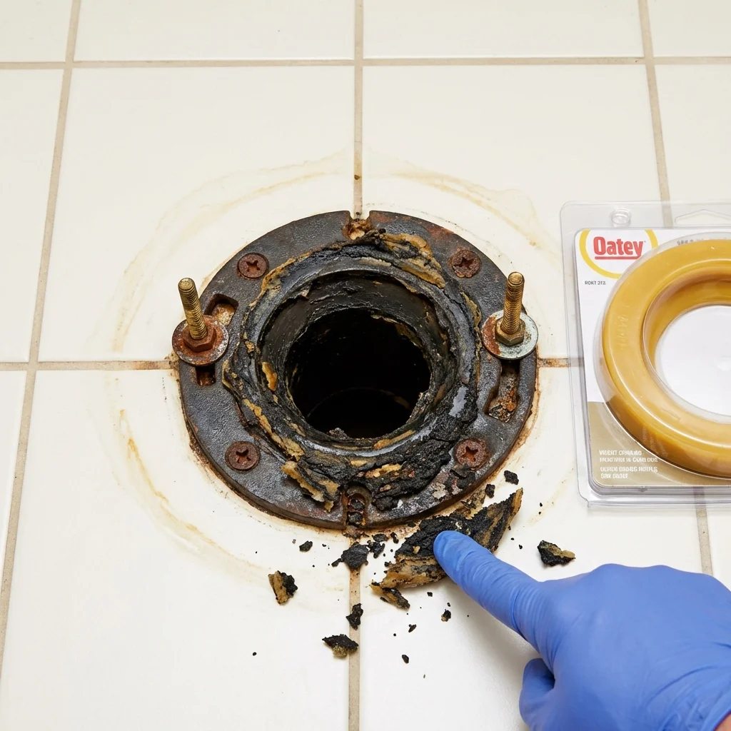 Failed wax ring showing water seepage at the base of a toilet in a Oakridge, OR home