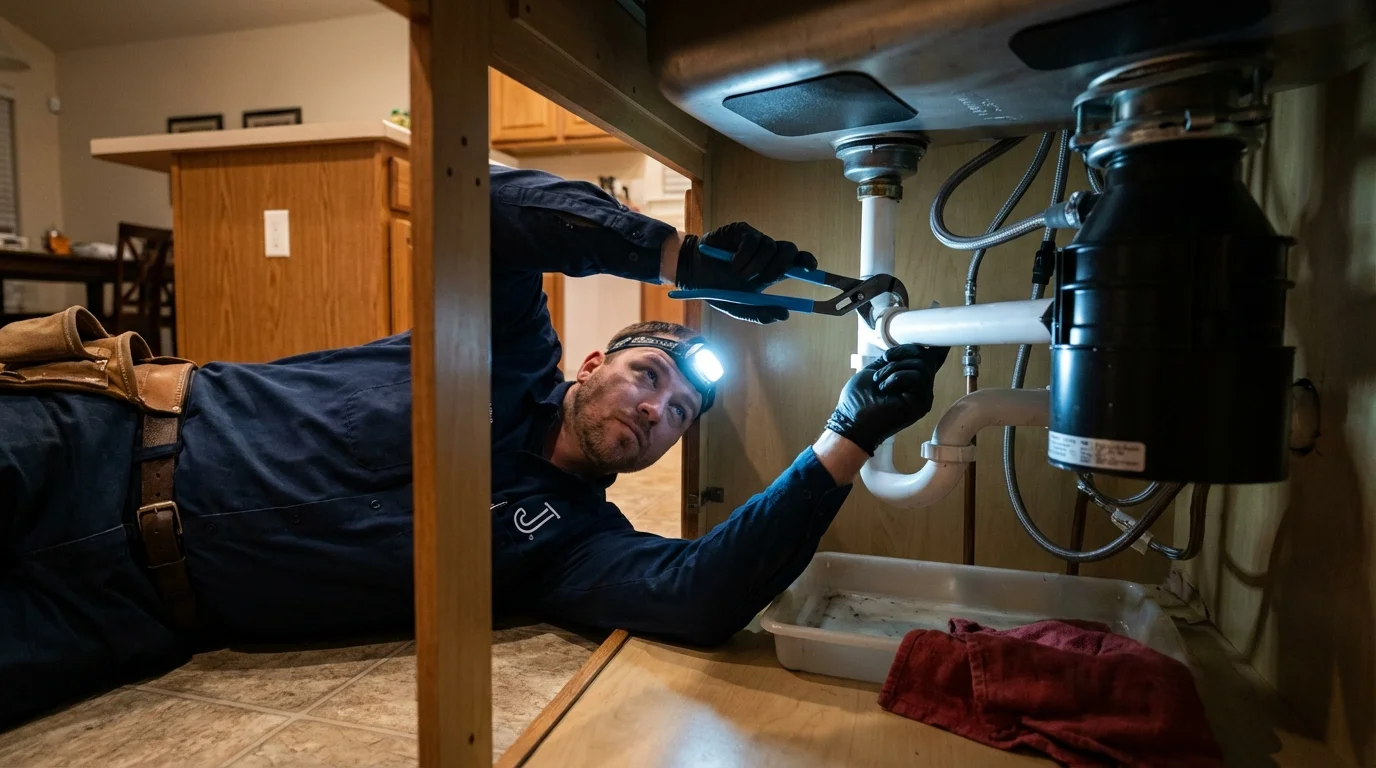 P-trap and supply line connections under a kitchen sink showing a common leak point in Oakridge, OR
